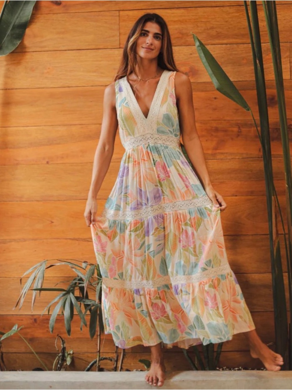 Z&L Europe Pastel Floral V-Neck Tiered Maxi Dress - Multi Pastel